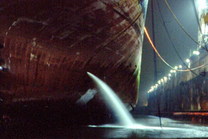 Ballastwassereinleitug in einem Dock bei Nacht © Stephan Gollasch